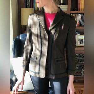 Elie Tahari Raw Silk Jacket Chocolate Brown with Black Piping Size 8